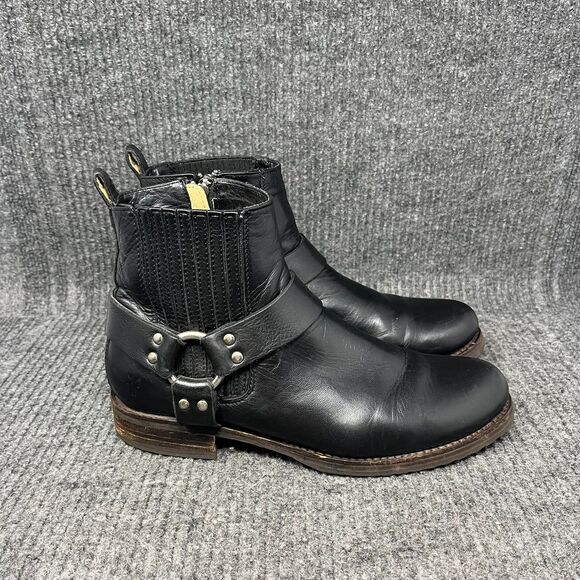 Frye Veronica Harness Ankle Boots Moto Black Leather Side Zip Women’s 9.5 B - Picture 1 of 8